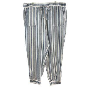 Per Se Women's XL Wide Leg Blue White Striped Linen-Blend Ankle Crop Pants